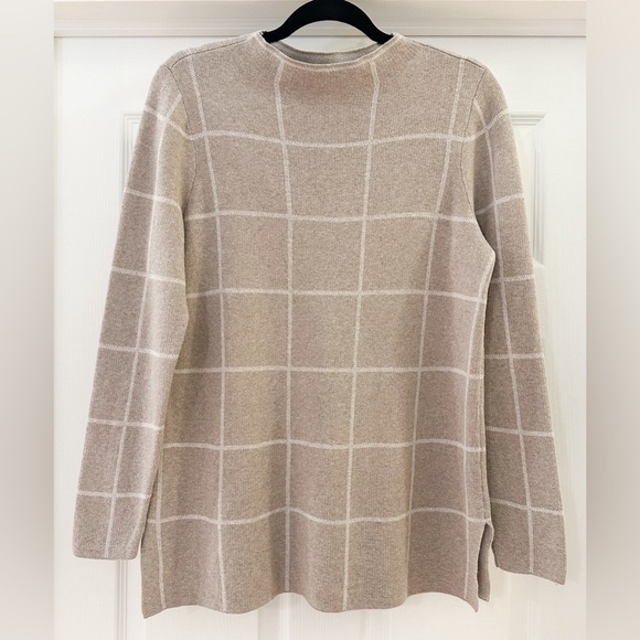 Loft Mock Neck Windowpane Check Split Hem Sweater Tan white sz Medium - Picture 2 of 5